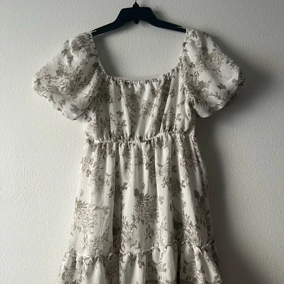 Blu Pepper Cream Midi Dress with Brown Floral Print and Puff Sleeves, Size M - Picture 5 of 7